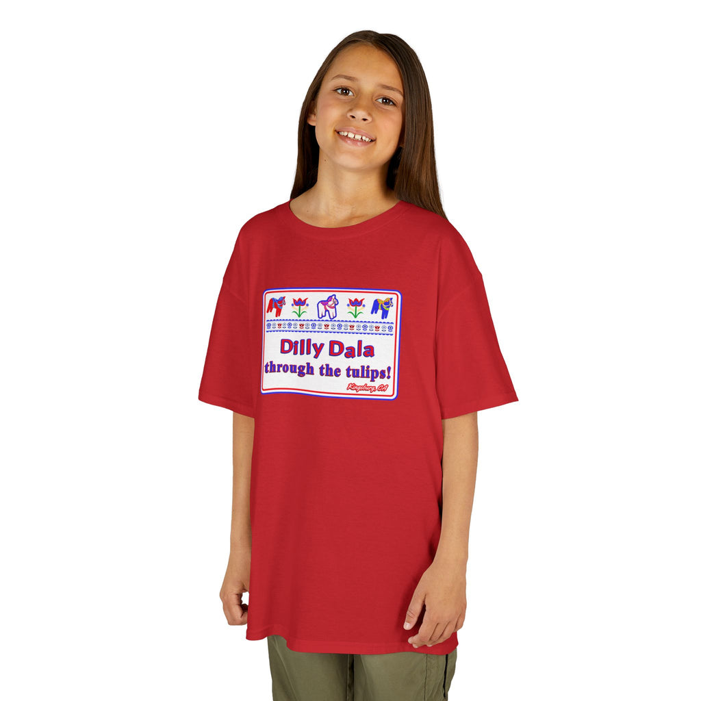 Kids Tee — "Dilly Dalla Through the Tulips" Colorful Tulip Kids Shirt