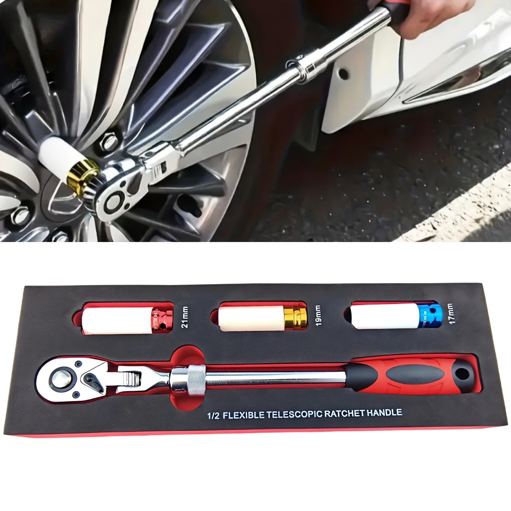 4pcs wheel hub protection hexagonal deep socket/ratchet wrench set, 1/2" drive, metric 17, 19, 21mm wheel guard six-point deep socket, 1/2" oscillating and telescopic