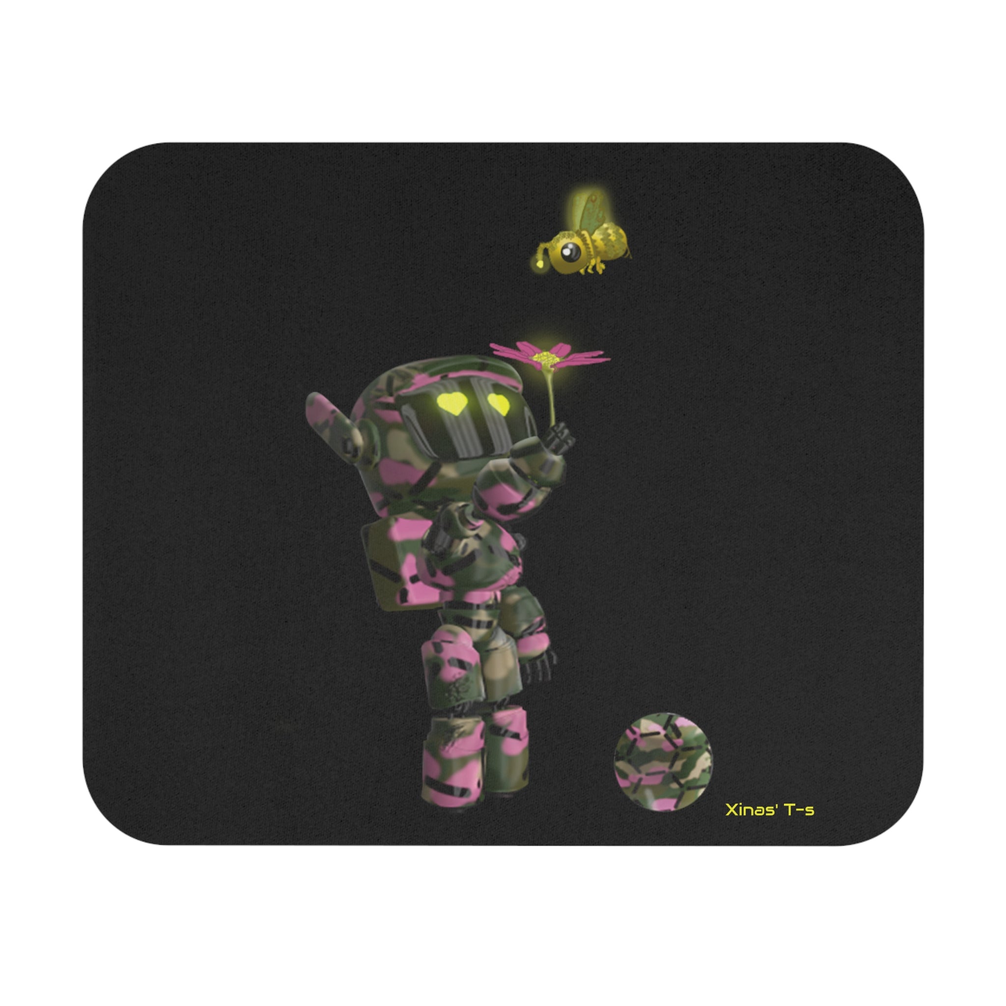 Robot Gurl Mouse Pad Black— Cute Camouflage Bot with Bee