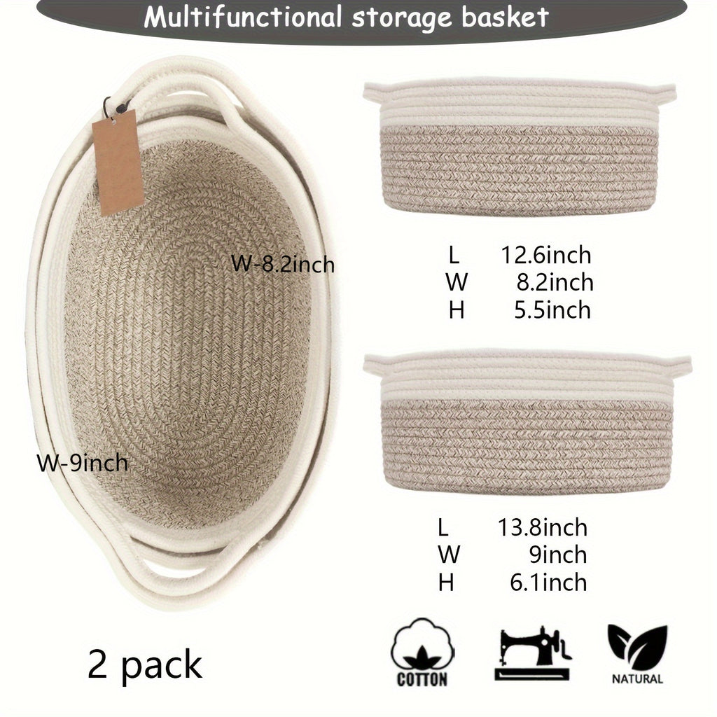 2Pack Cute Small Woven Gift Basket With Handles, 1Pcs 13.8"X9"X6.1"+ 1Pcs 12.6"X8.2"X5.5", Cotton Rope Basket Room Decor, Shelf Storage Basket Chest Box Bin For Cat And Dog Toys, Empty Decorative Gift