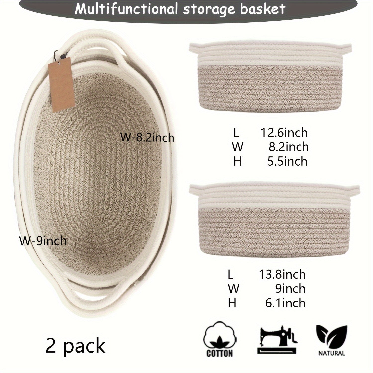 2Pack Cute Small Woven Gift Basket With Handles, 1Pcs 13.8"X9"X6.1"+ 1Pcs 12.6"X8.2"X5.5", Cotton Rope Basket Room Decor, Shelf Storage Basket Chest Box Bin For Cat And Dog Toys, Empty Decorative Gift