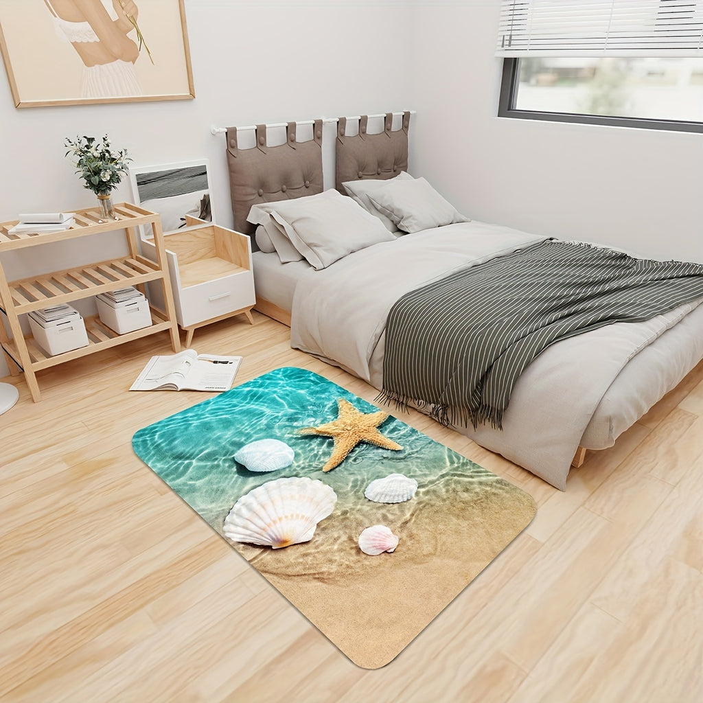 1pc Non Slip Bath Rugs Sponge Foam Rug, Durable Flannel Mat Bright 3D Print Rug, Seashell Print Mats For Laundry Room And Kitchen, Beach Starfish Scallop Decor Carpet