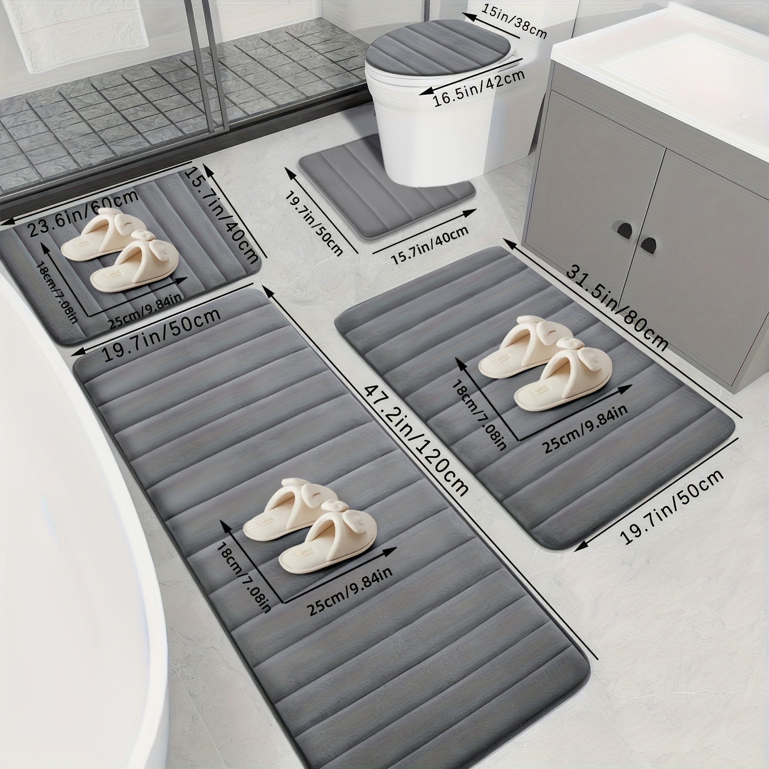 5pcs Ultra Absorbent Luxury Memory Foam Bath Mat Set - Plush, Non-Slip, Soft Polyester Blend Rugs - Machine Washable, Quick Dry, Ideal for Sink, Tub, Shower, Toilet, Bathroom Mat in Black, Dark Gray, Light Gray, Blue, Brown
