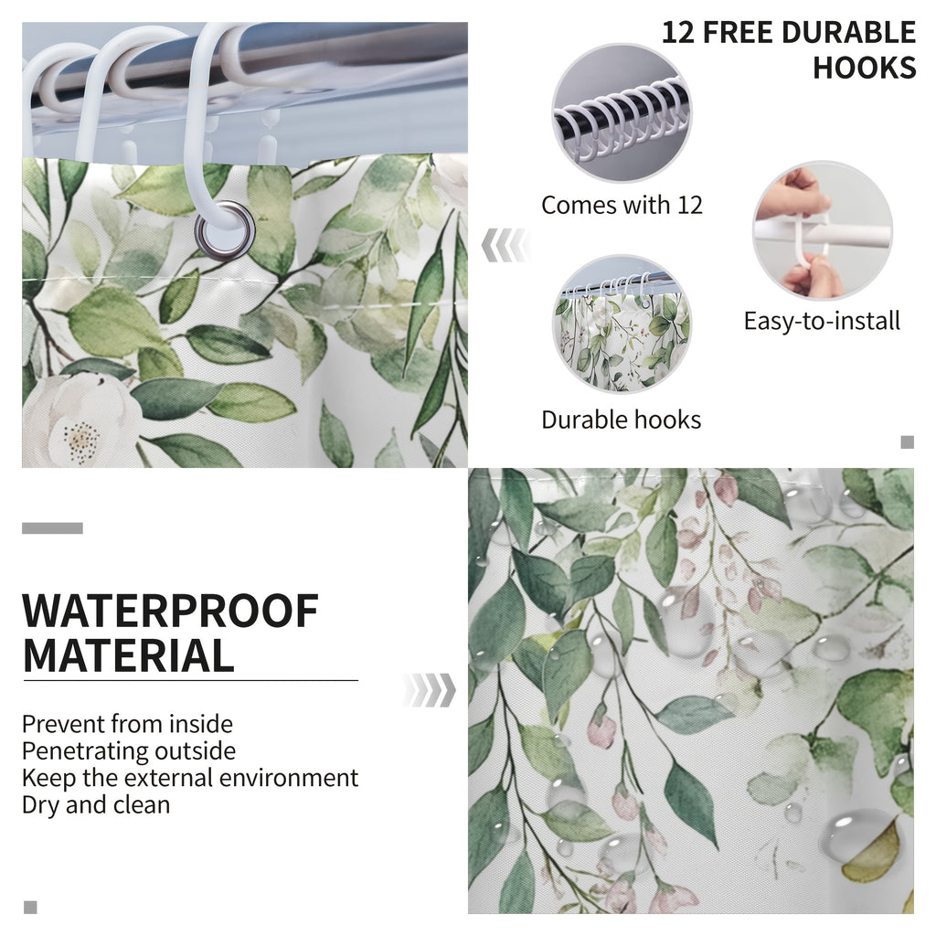 4pcs Sage Green Eucalyptus Shower Curtain Set, Watercolor Floral Plant Leaves, Waterproof Bathroom Accessories With 12 Hooks, Non-Slip Rugs, U-Shaped Mat, Toilet Seat Cover, Nordic Botanical Fresh Green & Gray Eucalyptus Leaf
