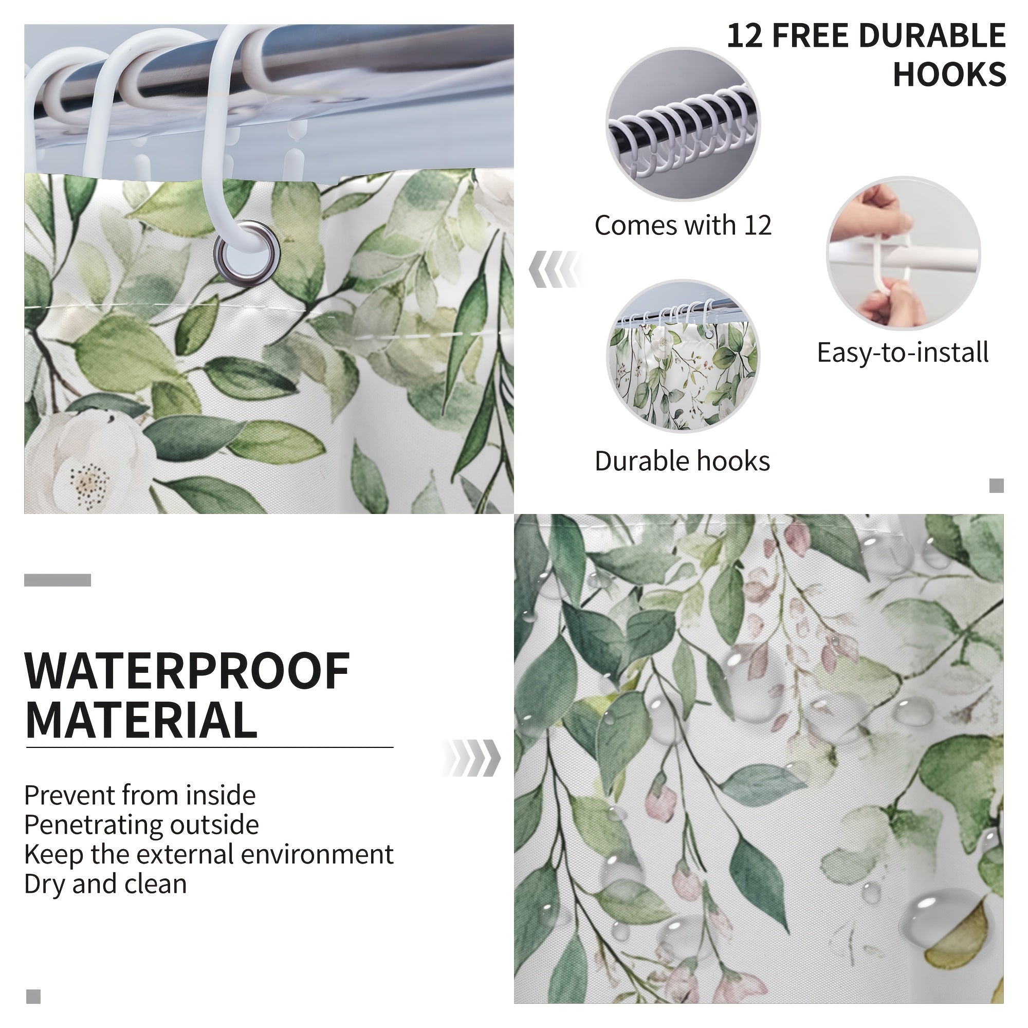 4pcs Sage Green Eucalyptus Shower Curtain Set, Watercolor Floral Plant Leaves, Waterproof Bathroom Accessories With 12 Hooks, Non-Slip Rugs, U-Shaped Mat, Toilet Seat Cover, Nordic Botanical Fresh Green & Gray Eucalyptus Leaf