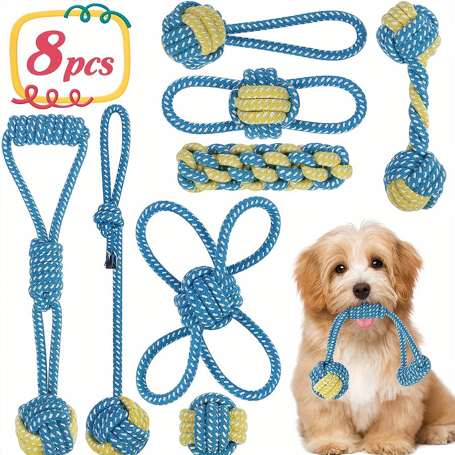 8pcs Dog Rope Knot Training Set - Durable Synthetic Fiber Chew Toys for Teeth Cleaning & Interactive Play, Colorful Outdoor Dog Training Essentials with Tug-of-War Ropes & Balls