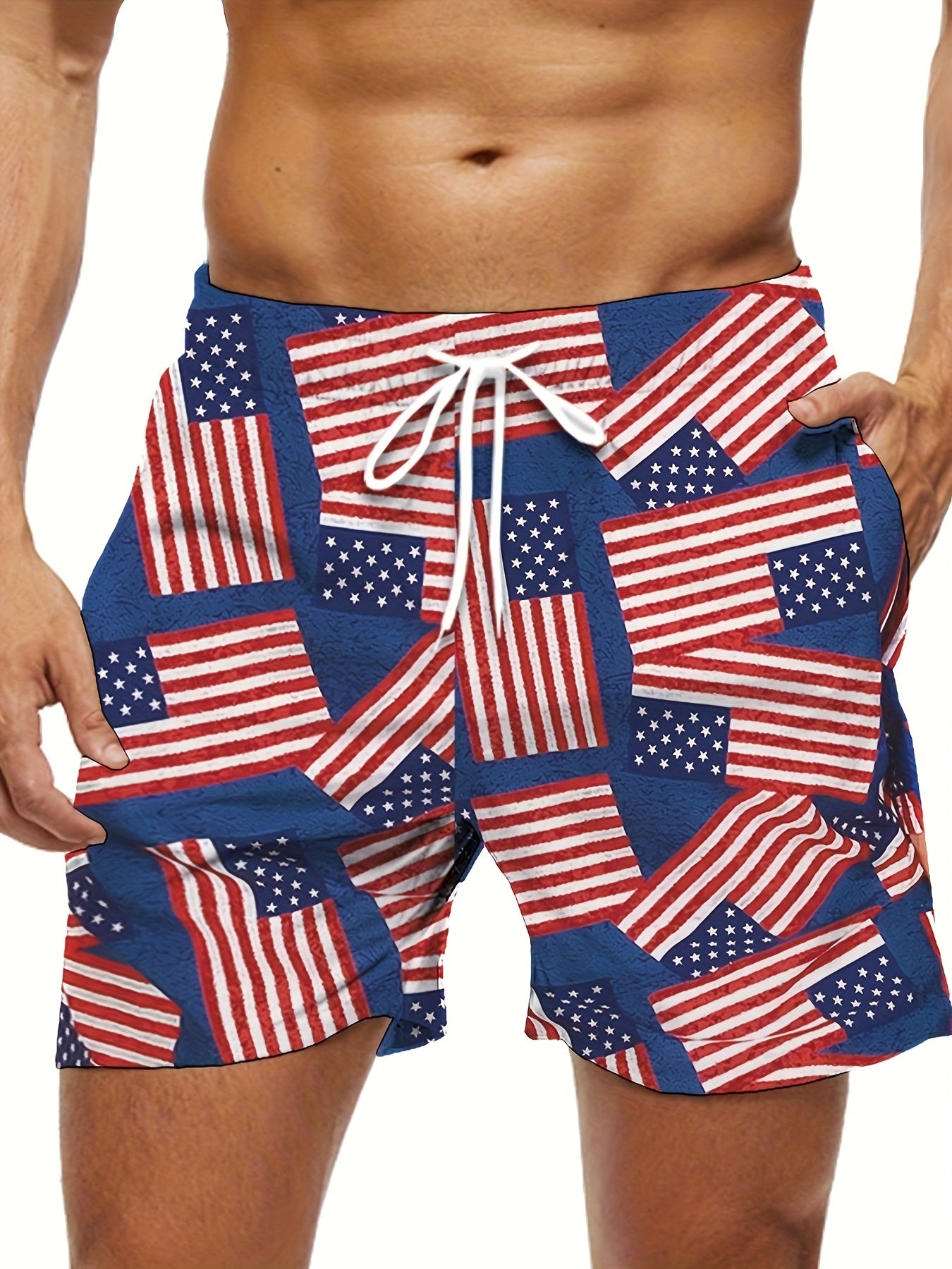 Men's Plus Size "American Flag" Graphic Shorts Beach Pants Holiday Shorts, Elastic Drawstring Sports Short Pants
