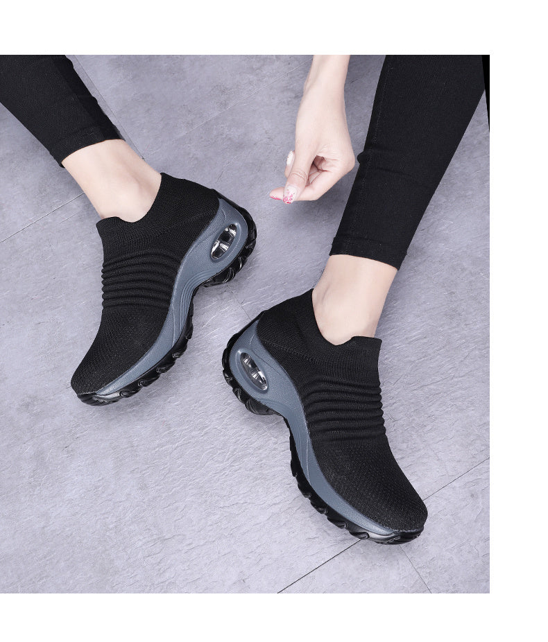 Women'S Air Cushion Sole Sneakers, Lightweight Knit Slip on Shoes, Breathable Running Shoes