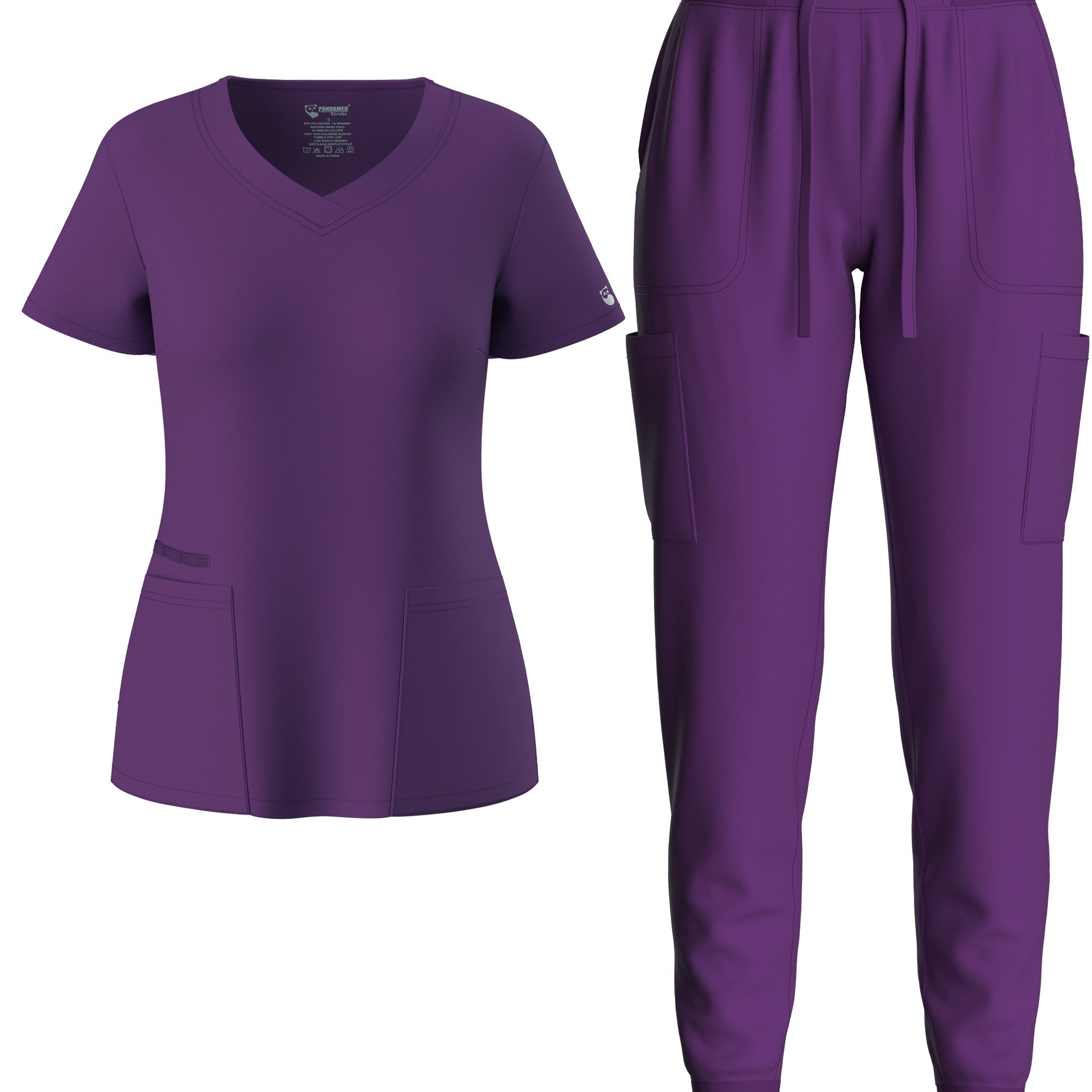 two-piece Elegant Two-Piece Scrub Set for Women: Short Sleeve V Neck Top & Drawstring Pants