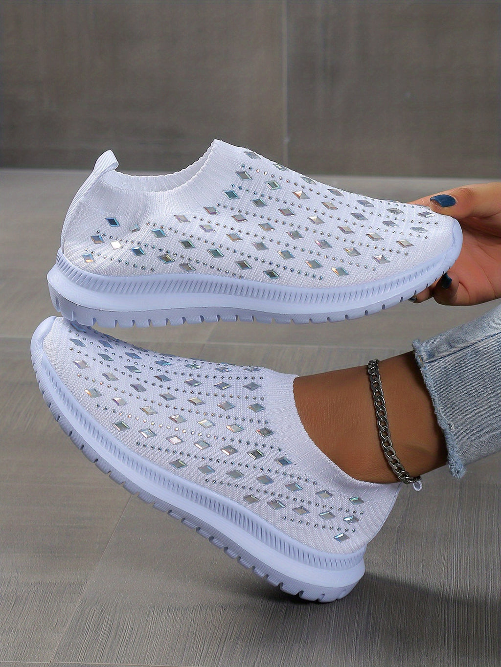 Women's Slip On Sock Shoes, Rhinestone Decor Knitting Low Top Sports Shoes, Breathable Walking Sneakers