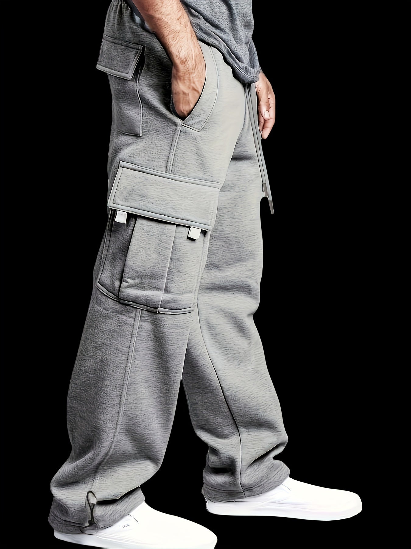 Men's Fleece-Lined Cargo Pants - Thick, Loose Fit for Winter Sports & Outdoor Activities, Gray with Multiple Pockets & Drawstring Waist, Polyester Knit Fabric, Street Style Joggers