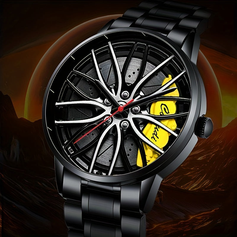 1pc Men's Watch, Car Wheel Hub Caliper Luminous Steel Band Three-dimensional Hollow Sports Wrist Watch, Ideal choice for Gifts