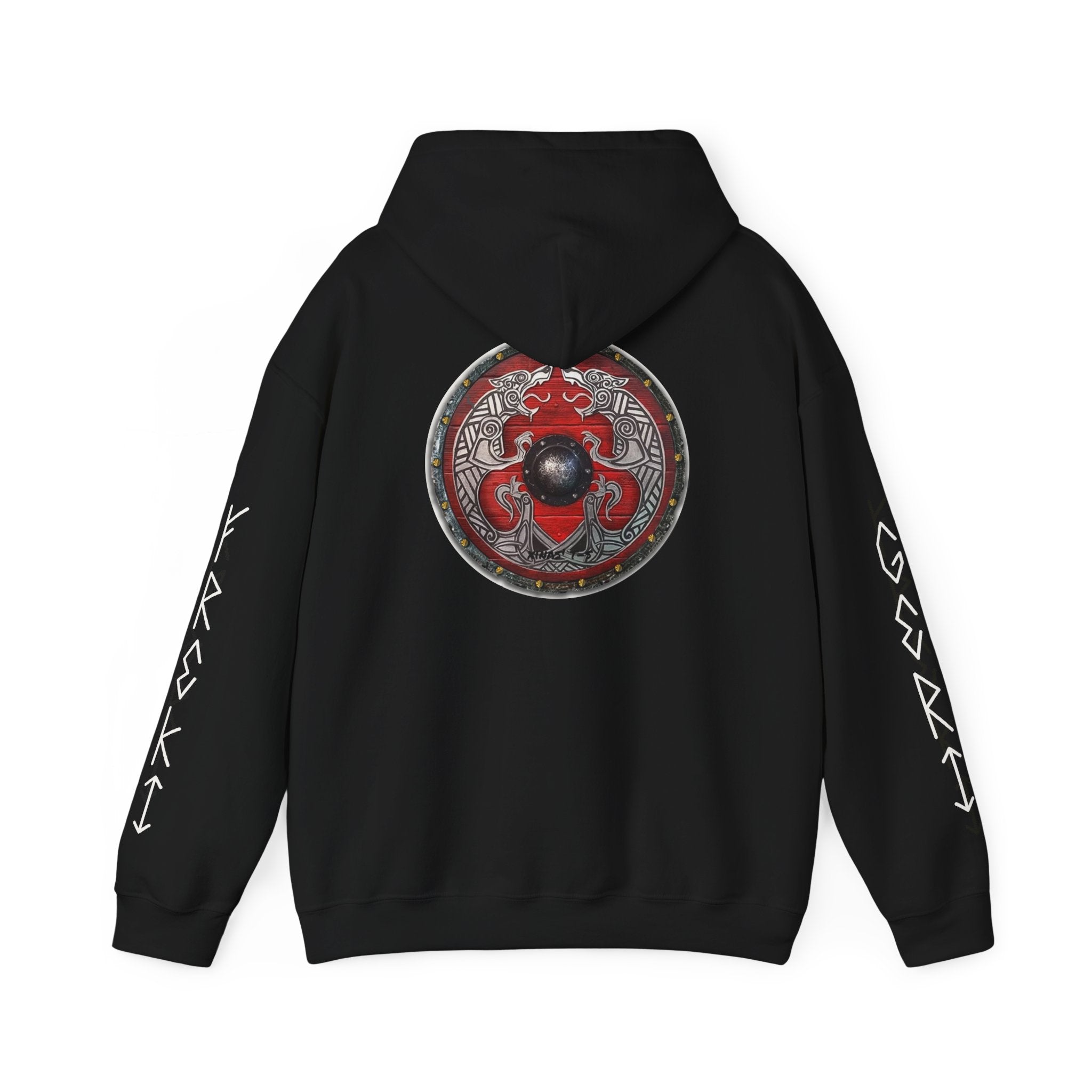 Viking Shield Hoodie — "Let’s Go Avikingri" Norse Rune Sleeve Pullover