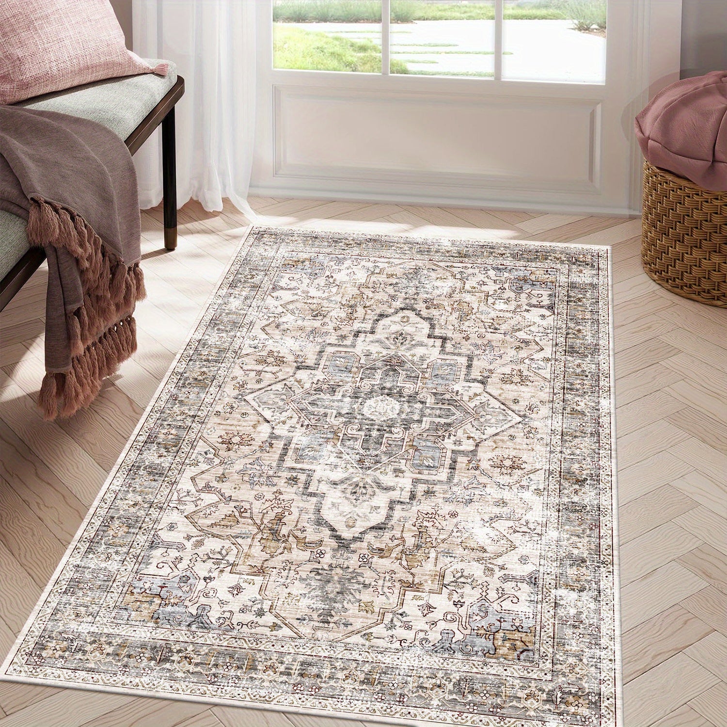 [Ultra Soft Bohemian Rugs] Ultra Soft Bohemian Beige Washable Rugs | Non Slip Retro Foldable Area Rugs for Living Room and Bedroom