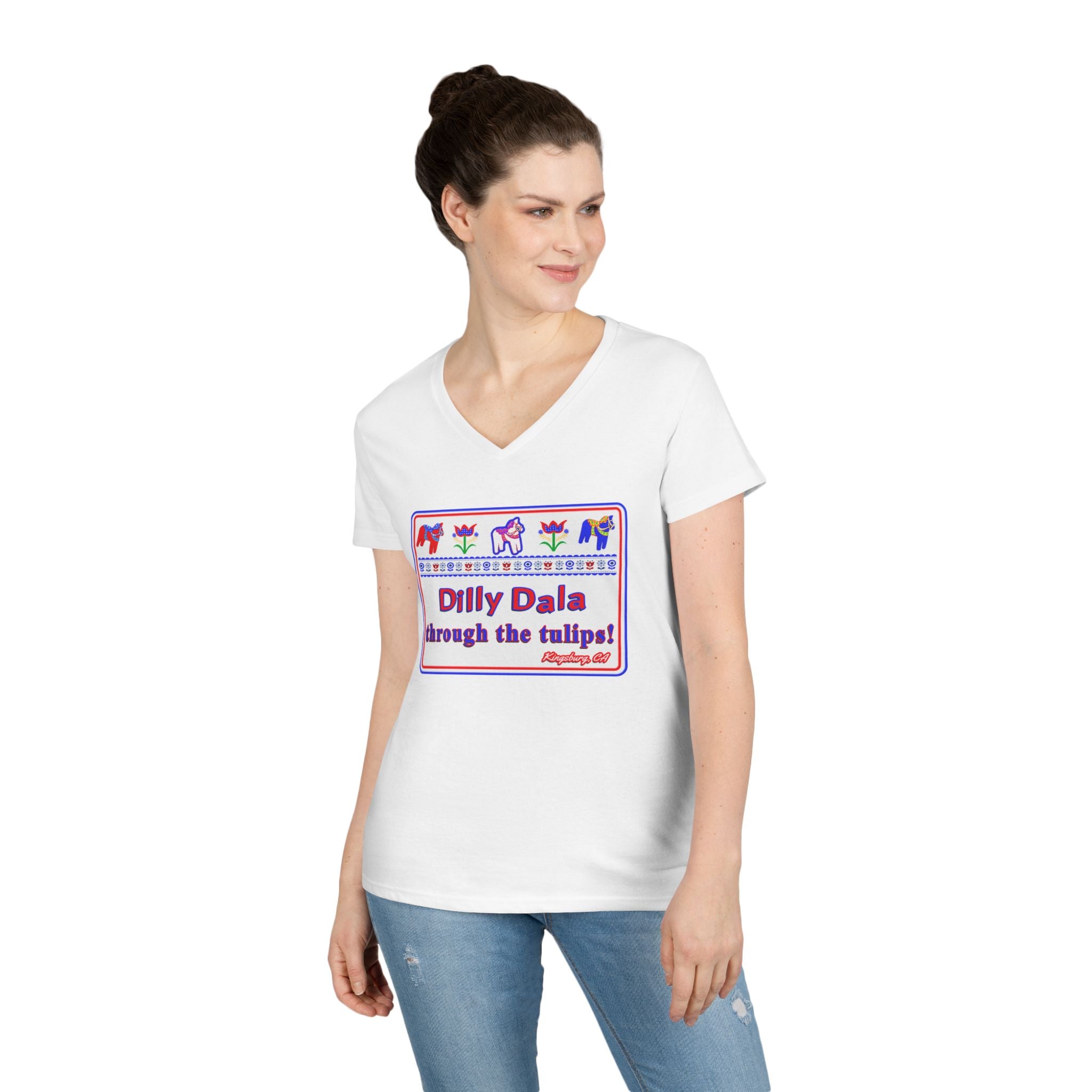 Dilly Dala Through the Tulips Ladies' V-Neck Tee — Floral Dutch Dance Graphic Shirt