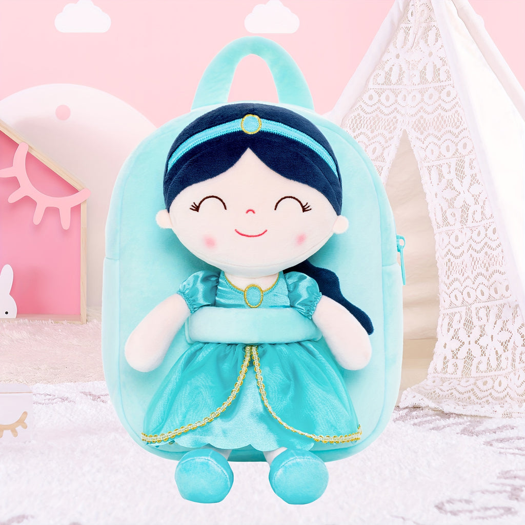 Gloveleya Toddler Backpack for Girls Kids Backpacks Soft Girl Toys Plush Baby Girl Gifts with Plush Princess Jasmins Doll Aqua 9 inches