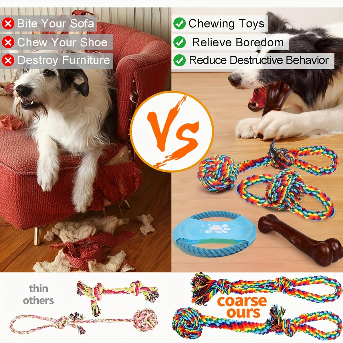 6-Pack Durable Cotton Blend Dog Rope Toys Set - Tough Chew Toys for Teething, Tug of War - Ideal for Medium to Large Breeds - All Breed Sizes Recommended