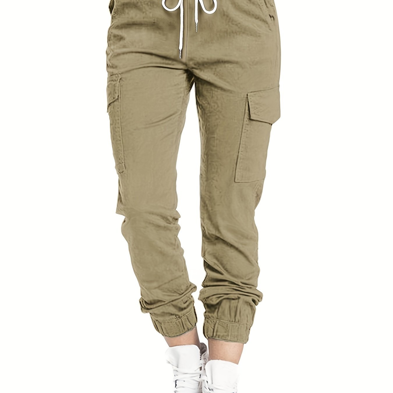 Y2K Solid Drawstring Cargo Pants, Casual Elastic Waist Long Length Pants With Pockets, Women's Clothing