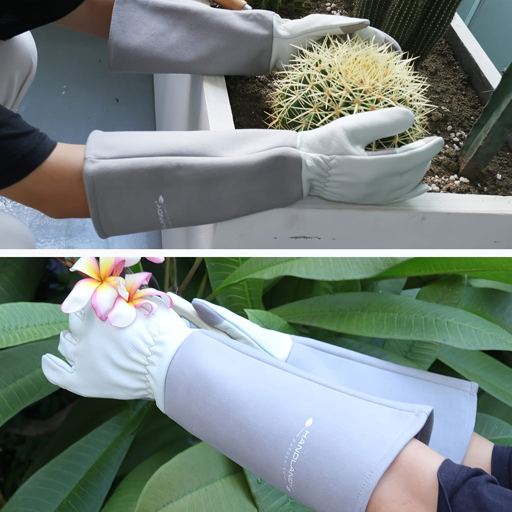 1 Pair Long Gardening Gloves for Men & Women, Thorn Proof Rose Pruning Gloves Genuine Leather Gauntlets Garden Gloves Yard Work Gloves