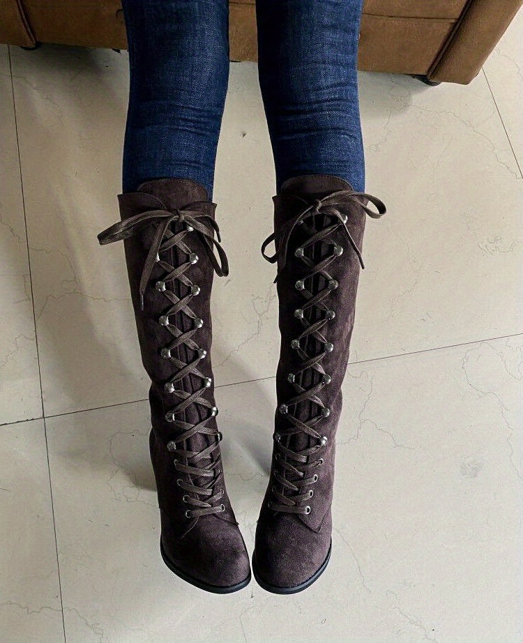 Women's Heeled Knee High Boots, Solid Color Lace Up Chunky Heeled Boots, Versatile Comfy Long Boots