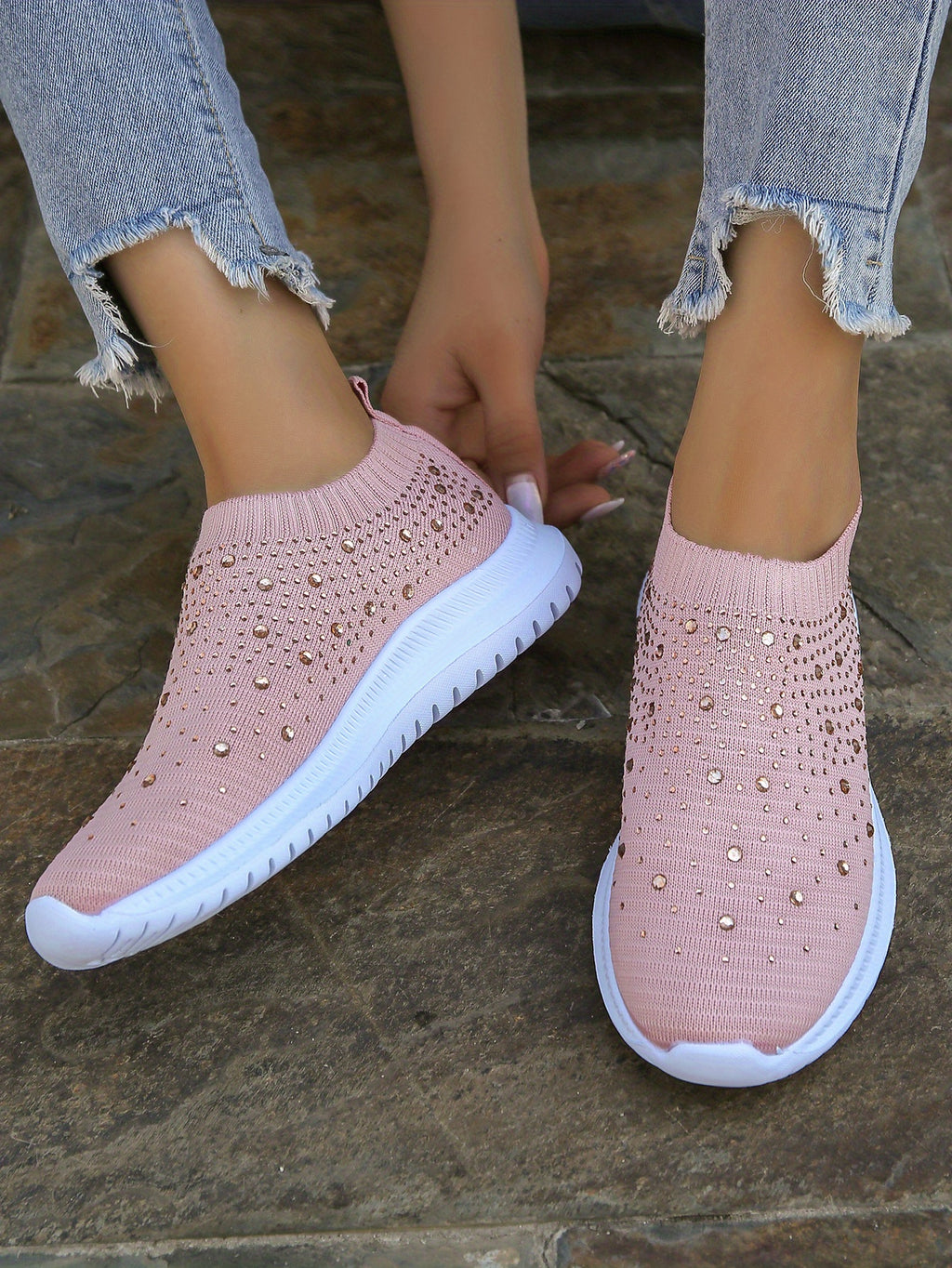 Women's Rhinestone Decor Slip-on Sneakers, Fly Woven Sports Shoes, Breathable Low Top Walking Shoes For Music Festival