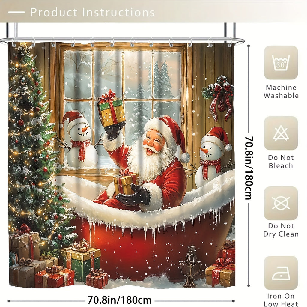 4pcs Red Christmas Santa Claus Shower Curtain Set, Curtain Set with Non-Slip Rugs, Toilet U-Shape Mat, Toilet Seat Cover, Machine Washable Curtain Set with 12 Hooks, Funny Christmas Santa with Snowman And Tree Shower Curtain
