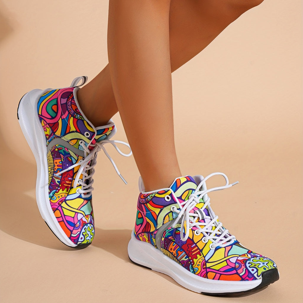 [Reflective Sneakers] Lightweight, Reflective Women's Hand-Painted Cartoon Print High-Top Sneakers