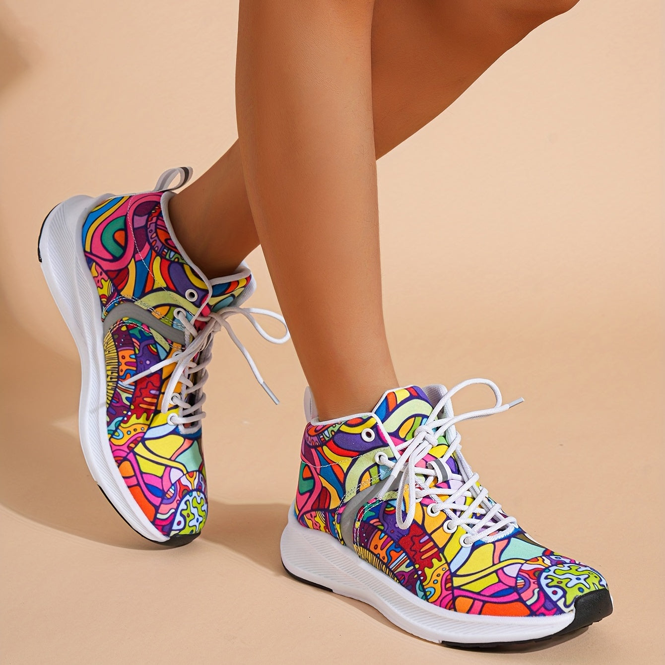 [Reflective Sneakers] Lightweight, Reflective Women's Hand-Painted Cartoon Print High-Top Sneakers