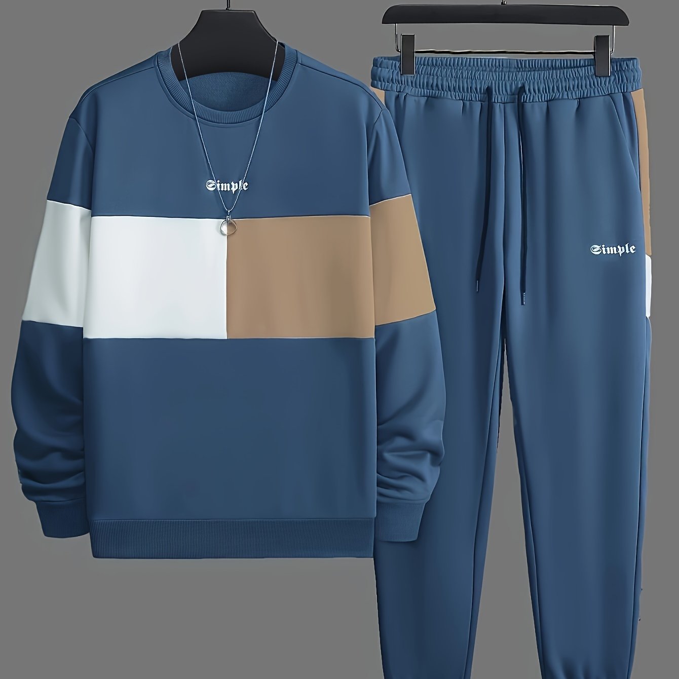 Plus Size Men's "Simple" Print Sweatshirt & Sweatpants Set For Autumn/spring, Contrast Color Thin 2Pcs Outfits For Sports/outdoor, Men's Clothing
