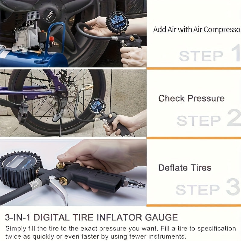 Digital Tire Pressure Gauge with Inflator, 250 PSI Air Chuck and Compressor Tttachment