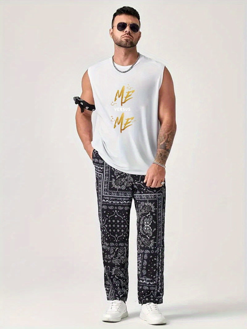 ME VERSUS ME' Round Neck Cotton Graphic Vest, Casual Sports Sleeveless Tank Tops, Men's Summer Clothing