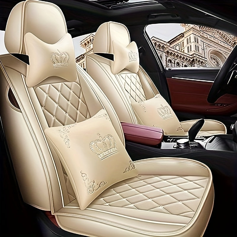 Full Set Car Seat Covers, Crown PU Leather Car Seat Cover Full Surround, Comfortable Automotive Vehicle Cushion Cover Fit For Most 5 Seats Cars/SUV/Truck/Vans