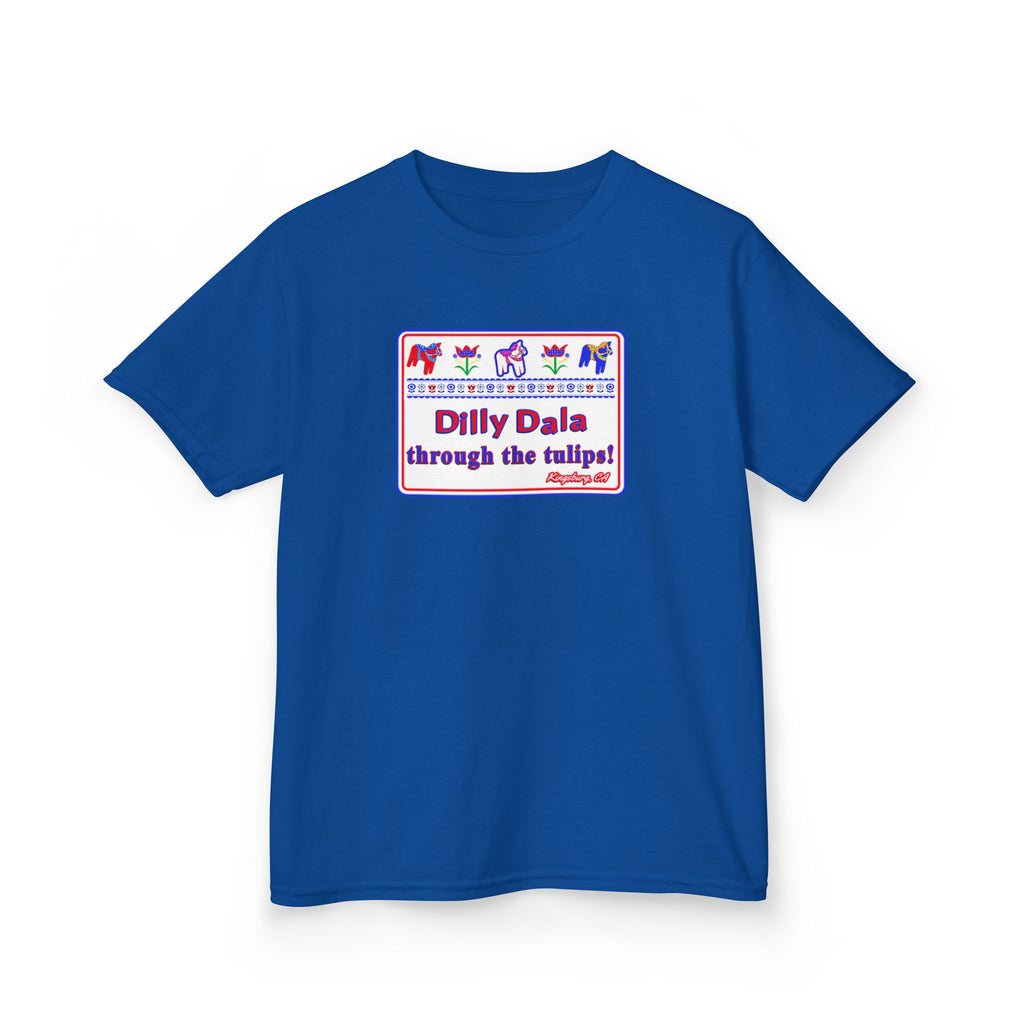 Kids Tee — "Dilly Dalla Through the Tulips" Colorful Tulip Kids Shirt