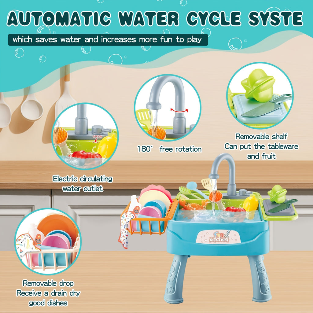 Play Kitchen Sink Toys, Blue Electric Dishwasher Playing Toy with Running Water, Play Food & Tableware Accessories, Kitchen Set Toys, Role Play Sink Set for Toddlers Kids Boys Girls