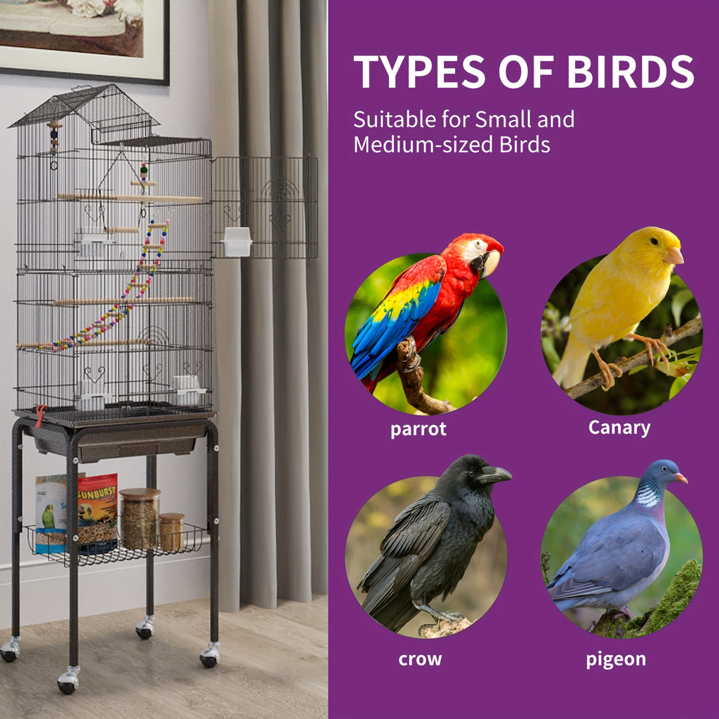Yarsca 62 inch Metal Bird Cage, Large Parakeet Cages for Parrot, Cockatiel, Lovebird, Pigeon with Roof Top, Rolling Stand and Hanging Toys