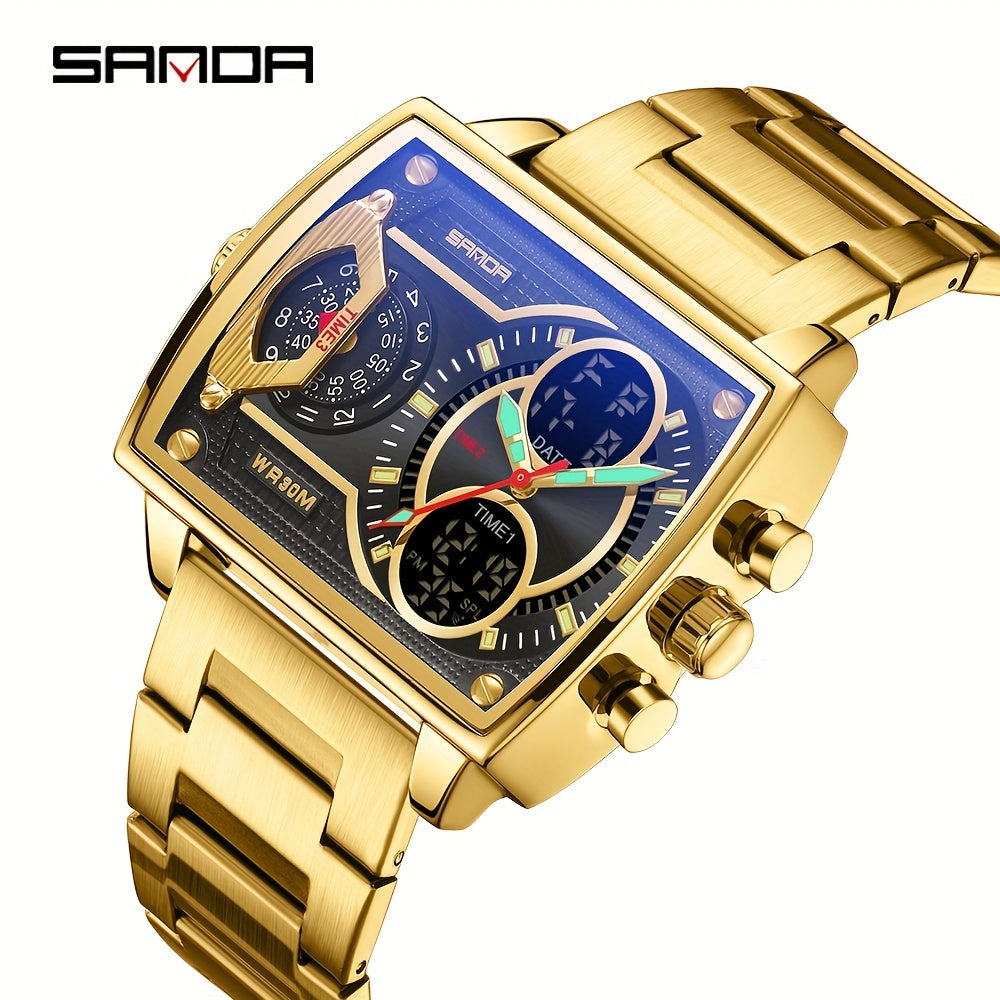 Large Dial Multi Time Zone Men's Watch, Square Dual Display Multifunctional Sports Watch with Dual Time Zone, Date, Alarm, and Stopwatch Functions