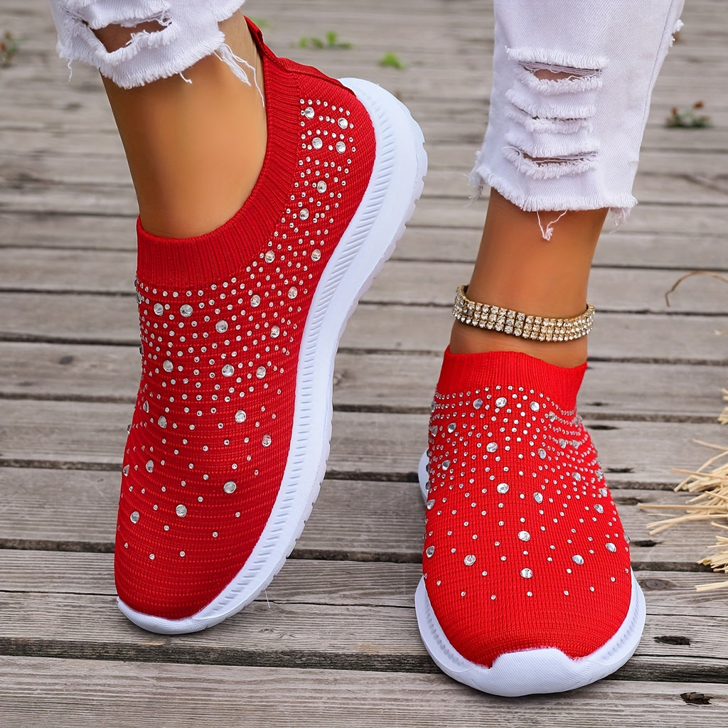 Women's Rhinestone Decor Slip-on Sneakers, Fly Woven Sports Shoes, Breathable Low Top Walking Shoes For Music Festival
