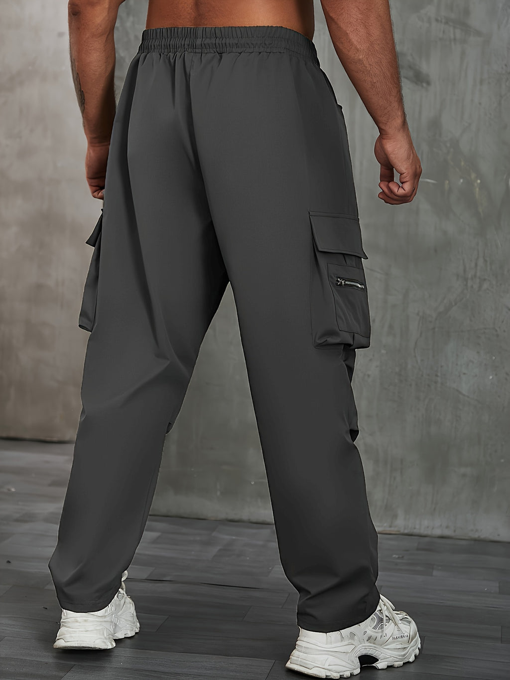 Plus Size Men's Solid Cargo Pants For Spring Fall, Outdoor Sports Pants For Males