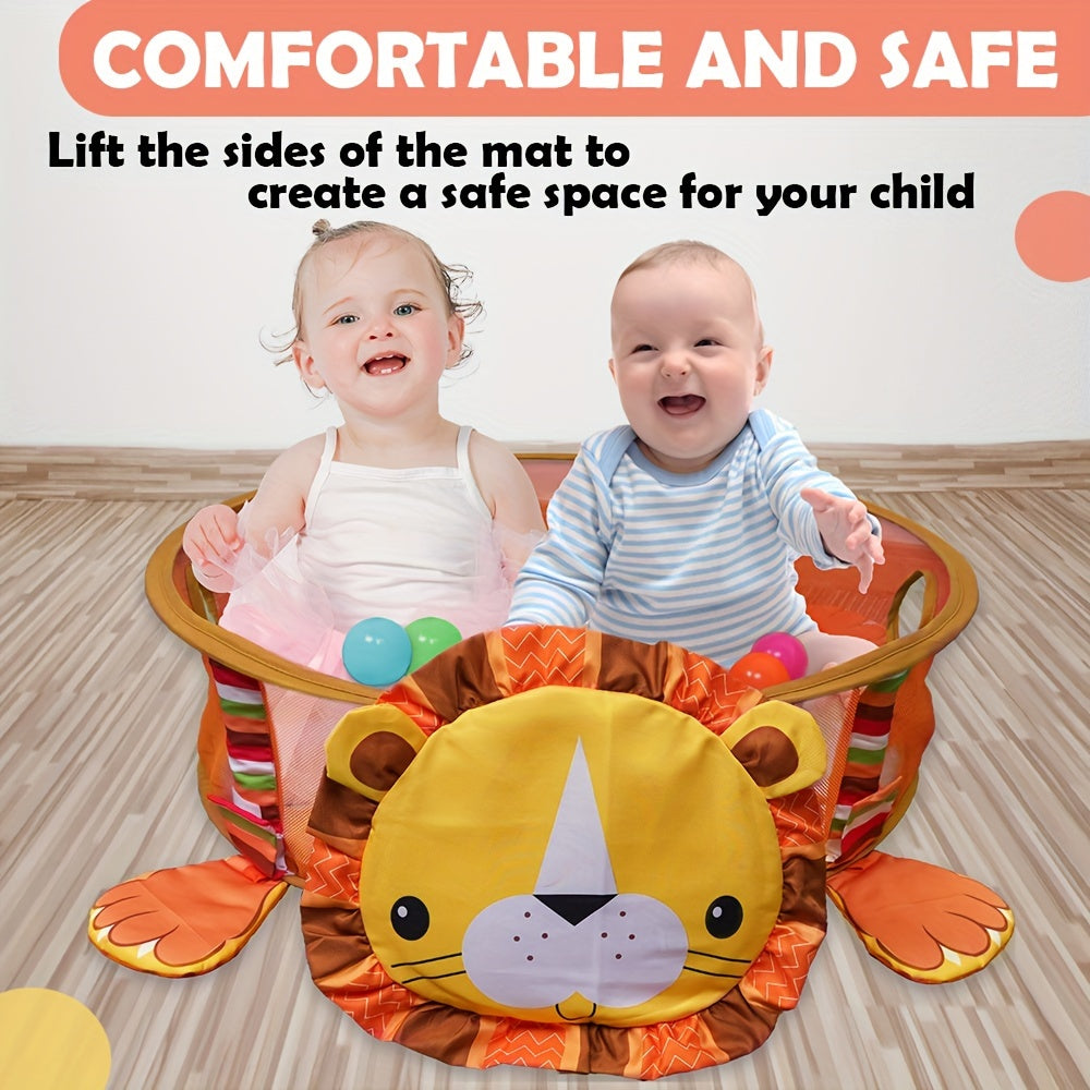 Newborn Play Gym Lion Shaped Baby Play Mat with 4 Featured Toys for Sensory Exploration and Motor Skill Development for Children Aged 0-3 Years, Including Ocean Balls.