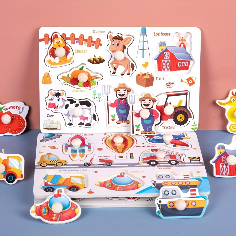 Wooden Embedded Hand Scratching Board, Early Education Animal Cognitive Puzzle, Transportation Tool, Cartoon Toddler Baby Educational Toys Christmas Halloween Thanksgiving gifts