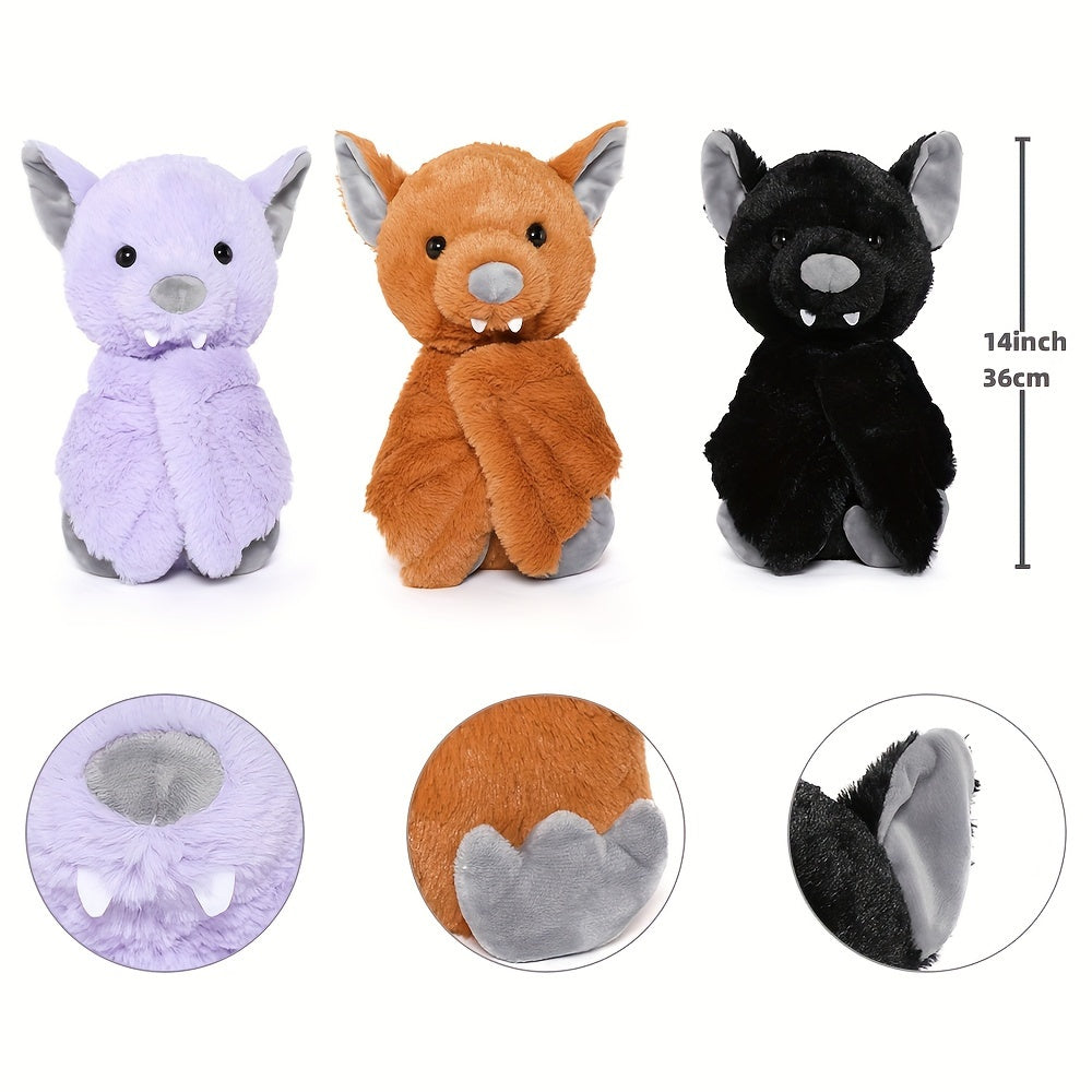 3 Pack Stuffed Bat Plush Toys - 14 Inches Goth Halloween Stuffed Animals - Soft Furry Gifts for Kids, Black/ Brown/ Purple