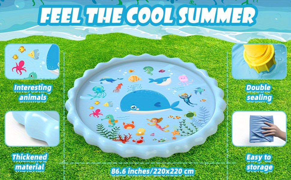 Extra Large Inflatable Splash Pad & Sprinkler Play Mat for Kids - Thickened Durable Plastic with Marine Life Design, Water Spray Fun for Ages 3-12 Years, Summer Outdoor Water Toys for Boys & Girls
