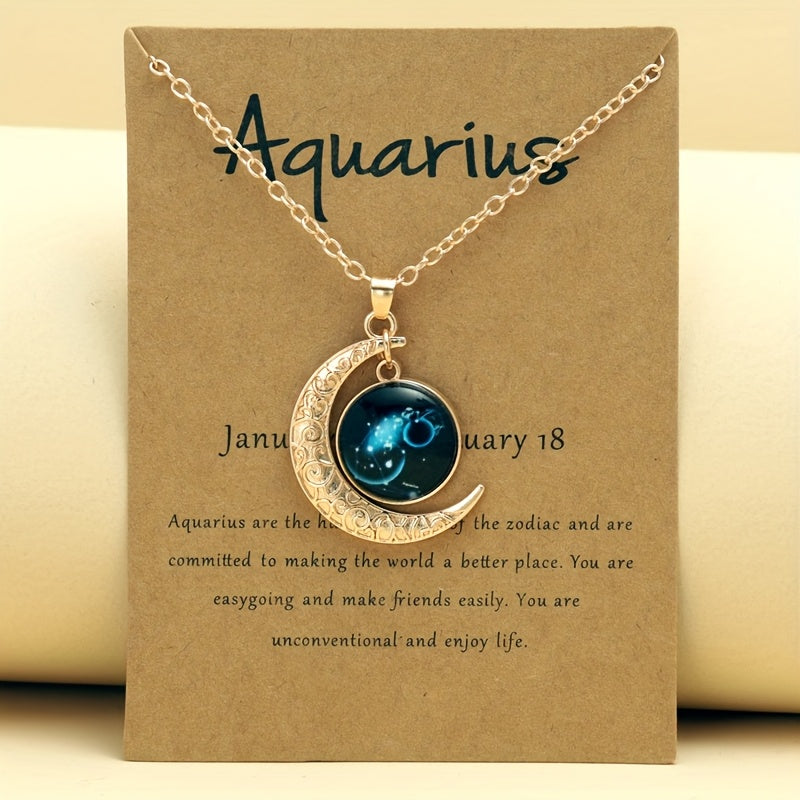 Glow-in-the-Dark Zodiac Necklace with Vintage Moon Pendant - Stylish Aquarius/Sagittarius/Leo/Leprechaun/Night & Sun Signs, Colorful Glass Charms, Zinc Alloy, Perfect Gift for Men