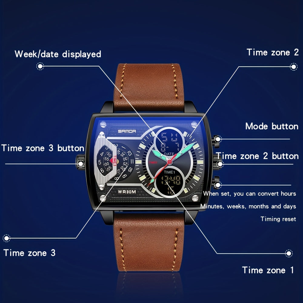 Large Dial Multi Time Zone Men's Watch, Square Dual Display Multifunctional Sports Watch with Dual Time Zone, Date, Alarm, and Stopwatch Functions