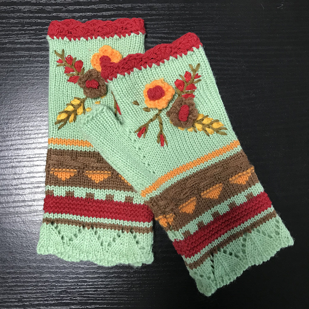 Autumn and Winter Women's Fingerless Floral Warm Hand Hook Gloves Pair