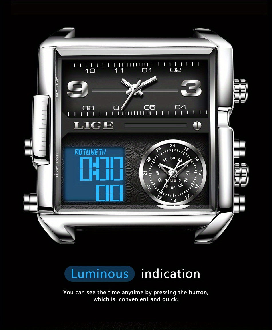 LIGE Fashion Men's Sports Square Analog Big Quartz Watch, Ideal Choice For Gifts