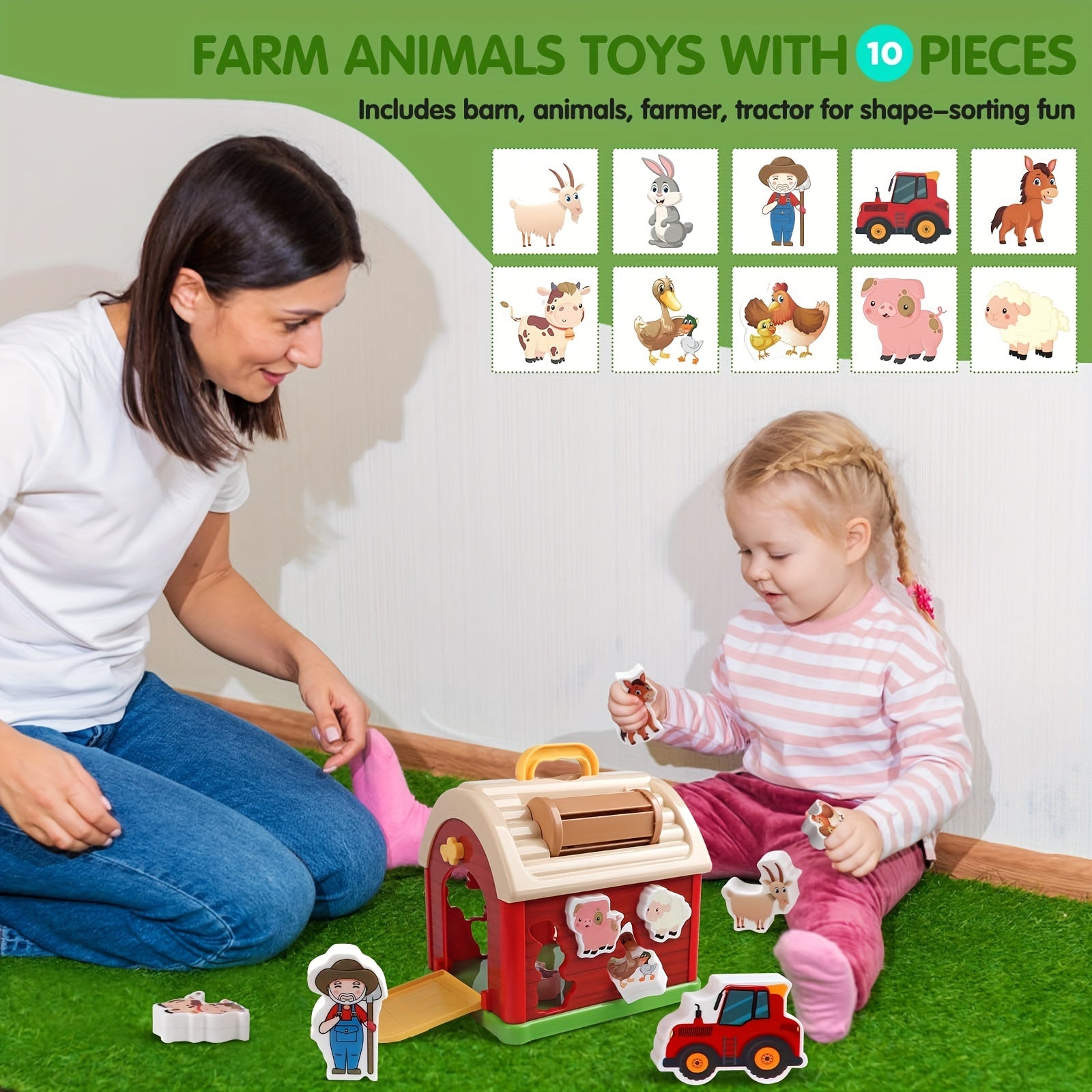 Big Red Take-Along Sorting Barn Toy with Handle, 10 Farm Play Pieces - Farm Toys, Shape Sorting & Stacking Learning Toys Christmas Birthday Gift for Youngsters Boys Girls Halloween Christmas Gift