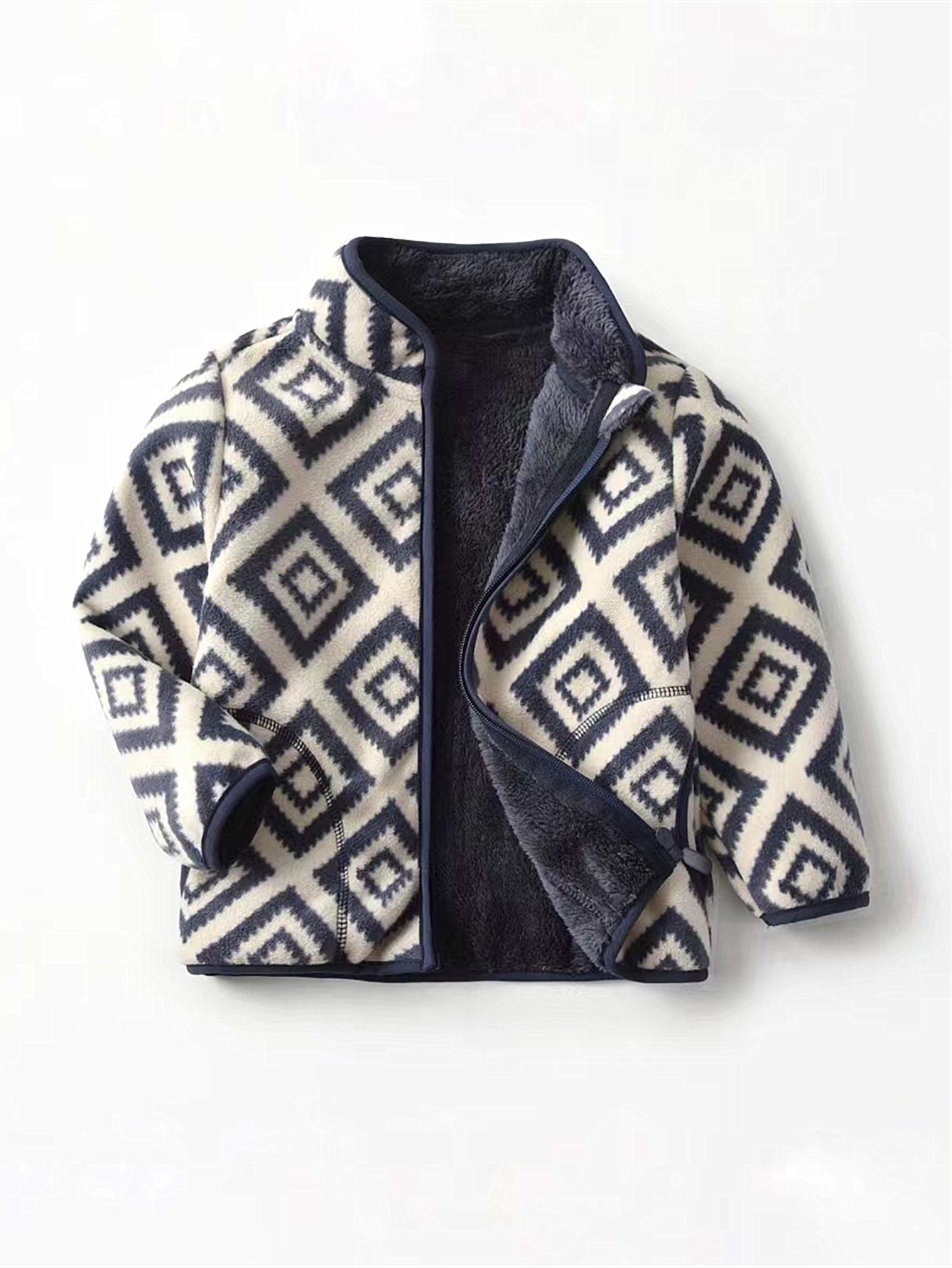 New Boys Vintage Plaid Printed Casual Thickened Warm Stand Collar Zipper Jacket