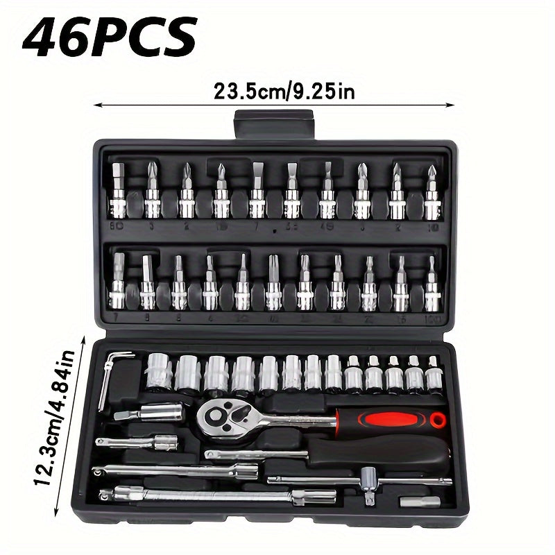 Automotive repair socket wrench kit, ratchet kit, mechanical tool kit, automotive repair and household drill bit socket, metric, 1/ 4 inch drive, 46 pieces