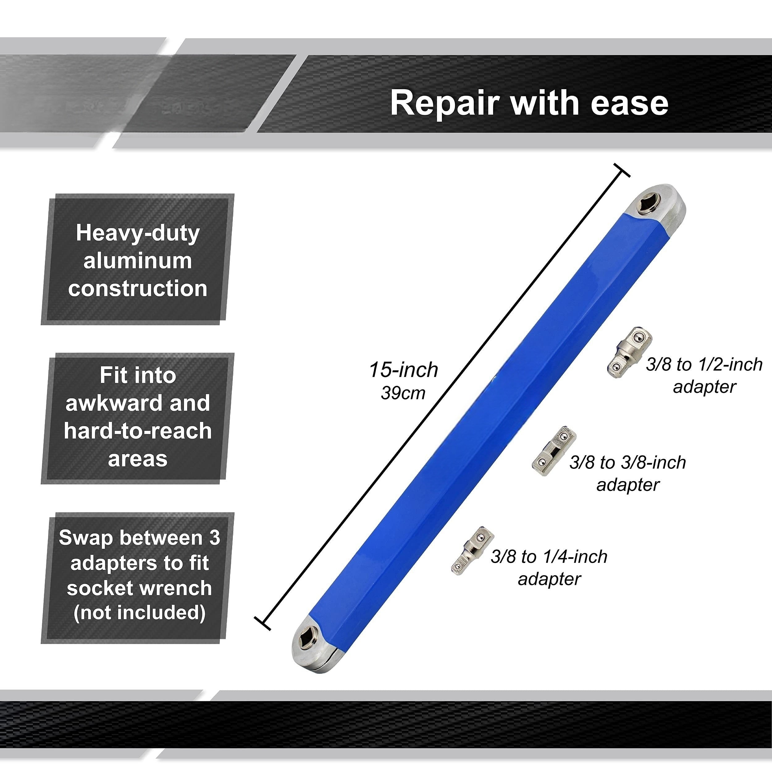 Heavy-Duty 15-Inch -Ready Offset Extension Wrench Set with 4 Adapters (1/4"/3/8"/1/2"/3/8" Drive)